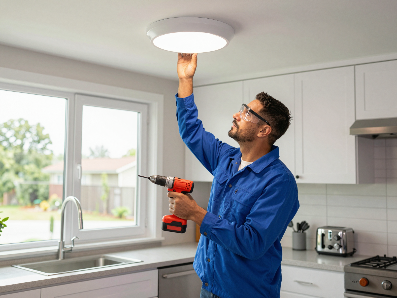 Electrician installing LED lighting in modern kitchen