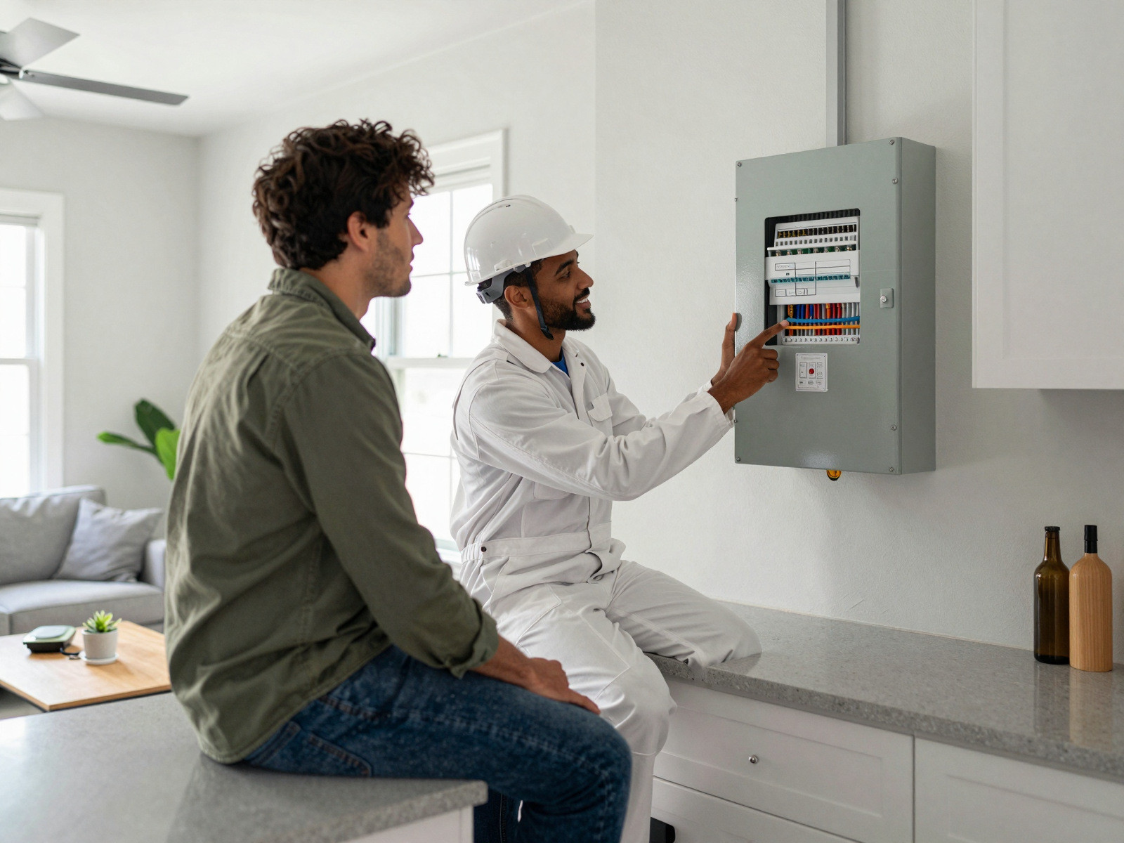 Professional electrician during consultation with homeowner